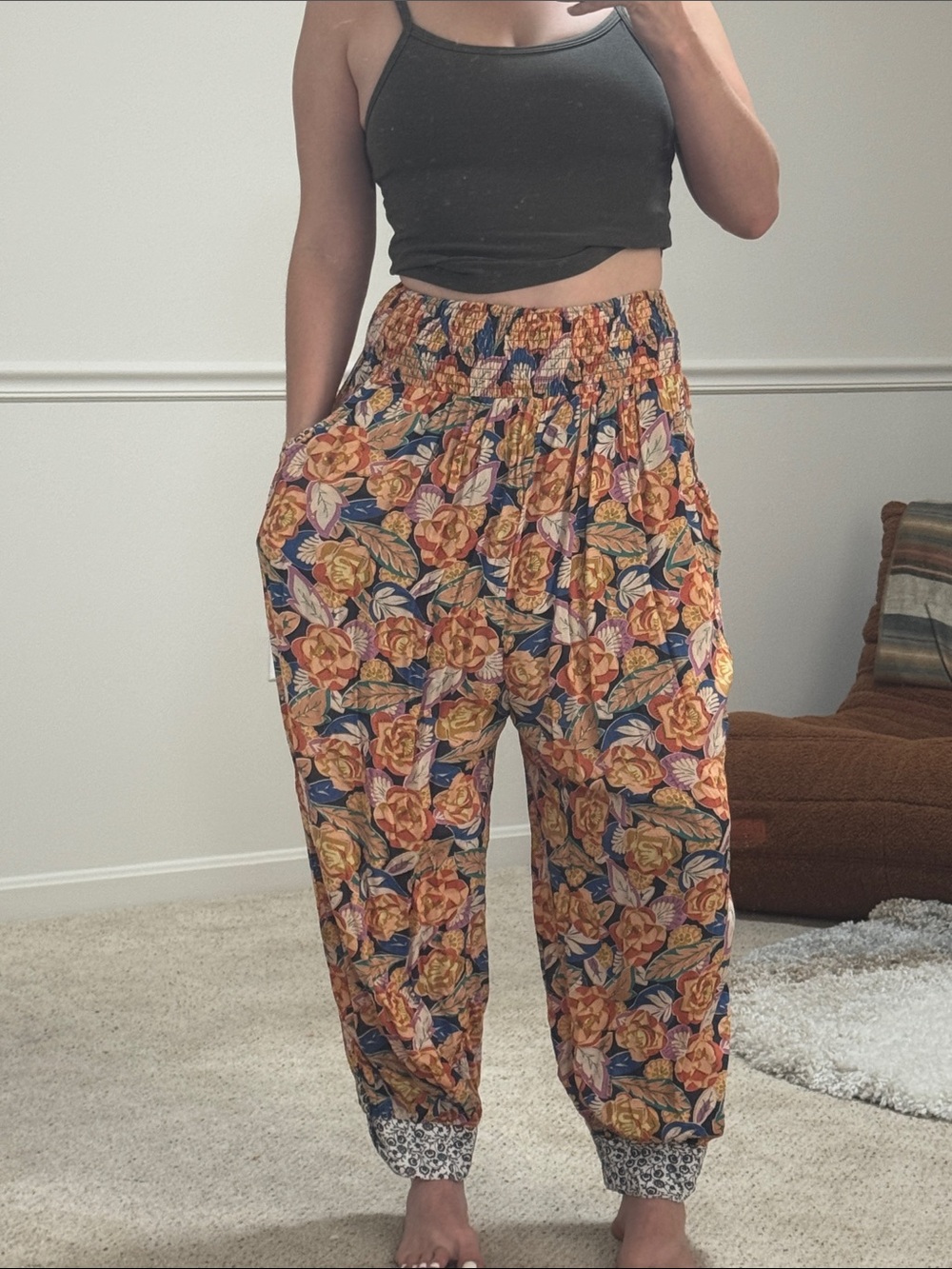 Anthropologie Navy Floral Elastic-Waist Harem Pants
